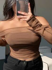 REIGN AVE Plus Size Women Mesh Patchwork Bodycon Off Shoulder Long Sleeve Cropped Top Going Out Tops - Khaki - View 1