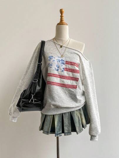 Elamini Women's Gray Twill Fabric Sweatshirt With Floral Plaid Cutout Embroidery, American Flag Embroidery, Oblique Shoulder, Loose Fit, Ribbed Cuffs And Hem, Casual Vintage Street Style, Suitable For Autumn, Daily Wear American Flag Sweatshirt. Back To School Essentials. Y2K Style. Usa Apparel