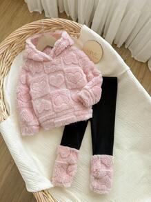 2 件套女婴可爱粉色蓬松连帽衫和裤子套装，秋冬女婴冬季服装幼儿女童冬季服装女童冬季服装套装两件套女婴冬季服装女婴秋季保暖衣服套装