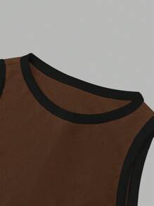 SHEIN Unity 2 件套女士拼色针织弹力修身运动服套装，包含背心和裤子，适合健身、休闲和家居服 - 棕色 - 查看 7