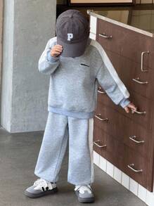 SHEIN 2pcs/Set Young Boys Floral Embroidered Knit Sweatshirt And Sweatpants, Back To School, School Uniform, Children's Back To School Outfit - Light Grey - View 6