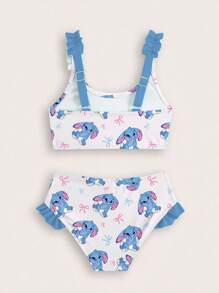 SHEIN GraphicGems Young Girl Summer Beach Vacation Style Cute Cartoon Rabbit & Bow Print Contrast Frill Trim Bikini Set Set Animal Print Dress Halloween Costumes School Clothes School Clothes Back To School Clothes Puppy Keep Puppy Graphic Tees