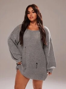 Rustia Áo len chui đầu tay dài màu xám rộng rãi thời trang đa năng cỡ lớn - Xám - Xem 6