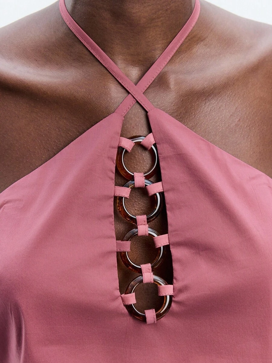 Maija Áo thun không tay cổ buộc dây họa tiết vòng tròn bằng nhựa cắt bất đối xứng dành cho nữ, phong cách công sở giản dị, phù hợp cho lễ hội âm nhạc, Halloween, Giáng sinh, tiệc tùng, kỳ nghỉ theo phong cách Bohemian, áo hở vai