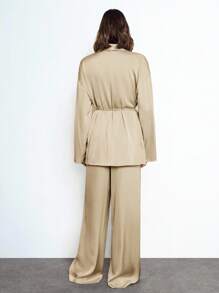 Maija Conjunto de mujer de chaqueta de punto de manga larga con lazo delantero en satén de unicolor y pantalones elásticos de cintura alta, conjunto casual de 2 piezas, ropa de dormir de mujer, conjunto de estilo de oficina clásico casual de negocios para mujer