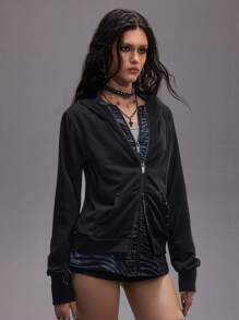 ROMWE EDITION Distressed Layered Colorblock Hoodie Sweatshirt For Women - Brown - View 6