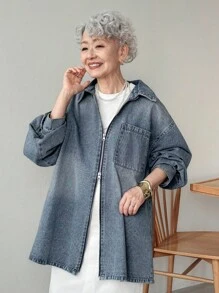 FRIFUL 女式落肩长袖拉链前口袋宽松休闲牛仔夹克 - 藍色 - 查看 8
