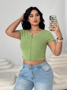 Solflare Women Plus Size V-Neck Solid Color Short Sleeve T-Shirt - Lime Green - View 5