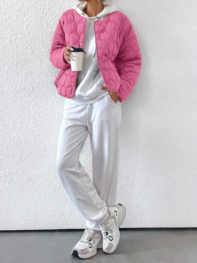 EMERY ROSE 休闲几何圆领口袋加厚保暖聚酯纤维合成保暖冬季外套冬季夹克