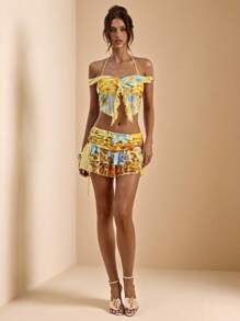 SHEIN BAE 1 Set Solid Color Floral & Leopard Print Off Shoulder Twist Neck Ruffle Top & Low Waist Ruffle Hem Skirt, Beach Resort Summer Sunshine Vacation 2 Pieces Set, Lovely Dress