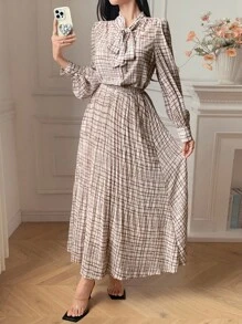 DAZY Women's Plaid Ribbon Collar Shirt And Skirt 2 Pieces Set, Autumn,Fall Women Clothes - Khaki - View 4