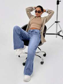 EURMUSE 100% Cotton LOW RISE WIDELEG CUT VINTAGE WASH Y2K BAGGY JEANS - Royal Blue - View 3