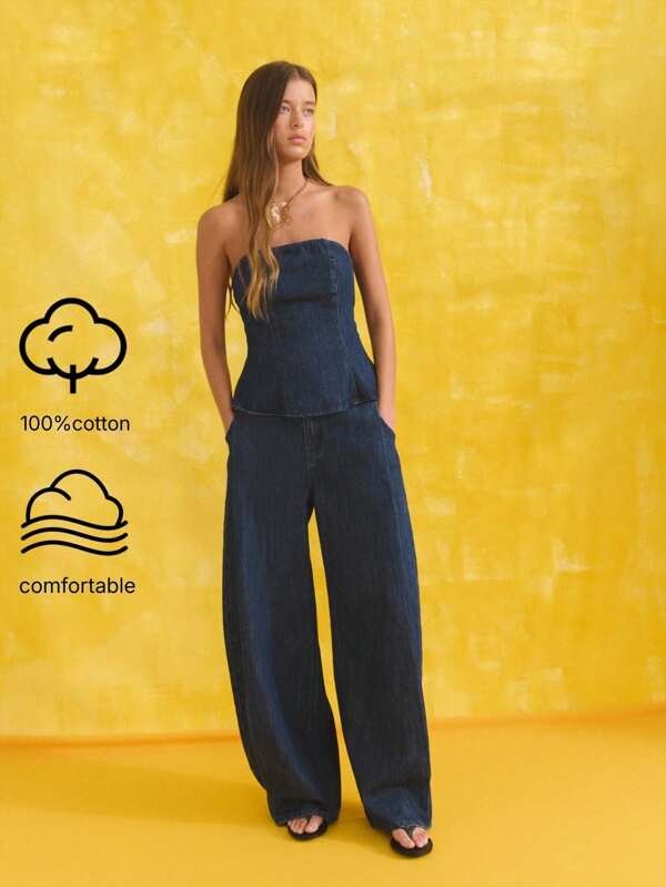 Nöista Peplum Silhouette Denim-Textured Bustier With Strapless Neckline; Sturdy Breathable Fabric; Ideal Beach Outfits For Women And Casual Pride Celebration Looks; Versatile Summer Essential.