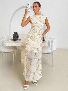 Lavishia 女式花卉亮片褶饰圆领修身优雅长裙 - 杏色 - 查看 5