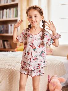 Pijama corto de manga corta y pantalón corto con decoración de lazo, ignífugo y cómodo para niña - Rosa - Ver 3