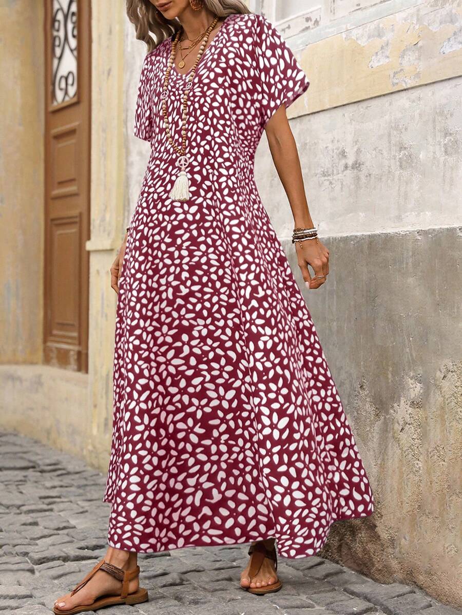 Breezaya 女式长款花卉印花蓝色蝙蝠袖连衣裙 - 酒紅色 - 查看 1