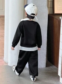 Genkimix Kids 两件套男童针织印花卫衣和裤子套装，韩版风格 - 寶藍色 - 查看 2