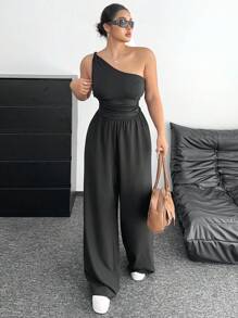 POPSWAY Vintage Slim Fit Casual Waist Cinched Solid Color Jumpsuit - Black - View 5
