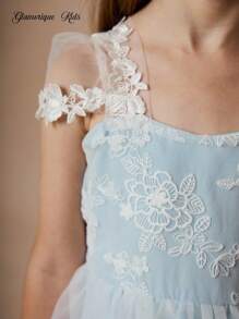 Glamorique Kids Young Girl Lace Embroidered Mesh Dress, Suitable For Party, Dinner, Displaying Luxury, Elegant And Look Light Blue Flower Girl Dress Little Girl Light Blue Dress Lace Flower Girl Dress Baby Blue Dress Lace Dress