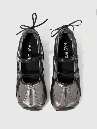 ROMWE Grunge Punk Women's Black Ballet Flat Shoes With Laces, Soft Sole Slip-On Loafers, Mary Jane Leather Shoes, JK School Uniform Shoes, Platform & Thick-Sole Oxfords For Christmas