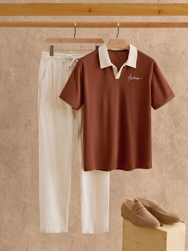 HIMLAND Set de 2 piezas de camisa polo de punto ajustada casual y pantalones largos de lino con cordón en la cintura para hombre, conjunto de verano, dinero viejo, atuendos cómodos