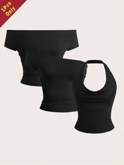 SHEIN EZwear 1pc Women's Black Form-Fitting Crop Tops, 3 Ways To Wear