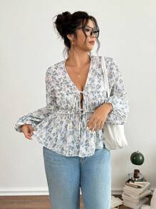 Lounesse 大码女式 V 领带设计碎花长袖衬衫，百搭日常穿着，蓝色碎花衬衫 - 彩色 - 查看 3