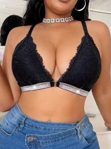 SHEIN ملابس داخلية نسائية كبيرة الحجم من الدانتيل مع تشطيب معدني، مريحة وعصرية، باللون الأسود