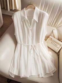 SHEIN Clasi Women's Casual Commuting Simple Solid Color Sleeveless Shirt - White - View 5