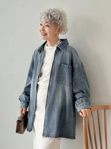 FRIFUL 女式落肩长袖拉链前口袋宽松休闲牛仔夹克 - 藍色 - 查看 3