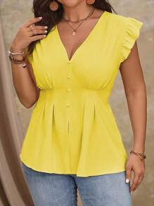 SHEIN Clasi Plus Size Women's Solid Color V-Neck Cap Sleeve Blouse With Ruffle Hem, Summer Peplum Top - Yellow - View 3