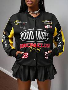 Slaydiva Women's Black Early Autumn Streetwear Everyday Back-To-School Baseball Jacket Retro Slogan Logo Printed Off-The-Shoulder Loose Long-Sleeved Jacket - Black - View 3
