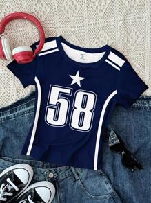 Áo thun cổ tròn dài tay thoải mái, ôm vừa vặn, họa tiết da báo, số 98 & 58, phong cách đường phố dành cho bé gái tuổi teen, thích hợp cho mùa hè - Nhiều màu - Xem 2