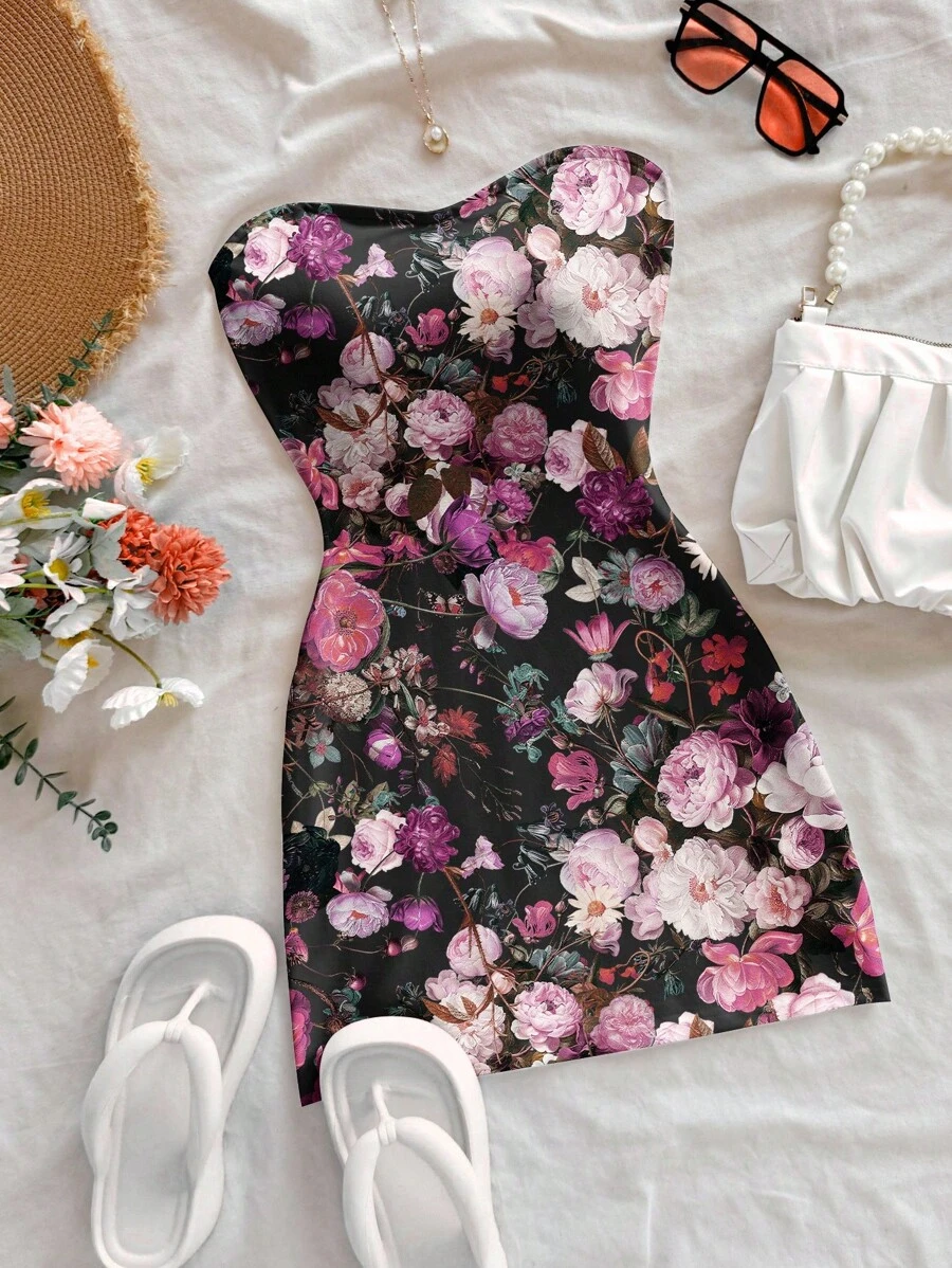 Soleia Váy ngắn crop top họa tiết hoa cổ điển đơn giản dành cho nữ, thích hợp cho kỳ nghỉ hè - màu đen - Xem 1