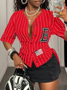 BamGleam Áo thun kẻ sọc họa tiết chữ mùa hè có dây rút bên hông - Đỏ - Xem 5