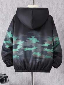 1pc Tween Boy Outdoor Casual Autumn/Winter Thermal Lined Cargo Jacket - Black - View 2