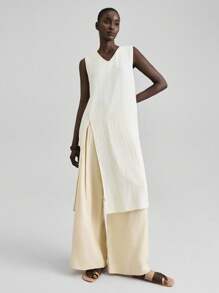 Ontre 夏季无袖休闲纯色开衩上衣 - 卡其色 - 查看 6