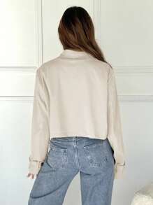 SHEIN EZwear Beige Woven Fabric Bomber Jacket With Lapel Neckline And Buttoned Front Design For Women Cropped Jacket In Fall/Winter - Beige - View 2