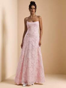 SHEIN BAE Váy maxi chữ A hở lưng màu trơn bó sát có dây mảnh dành cho nữ mùa xuân/hè, váy đi nghỉ, váy đi biển, váy dạ hội thanh lịch - Hồng - Xem 4