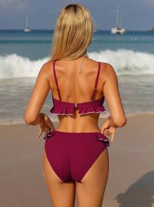 Swim Mod Women's 2 Pieces Summer Beach Casual Ruffled Strap Solid Color Cable Knit Floral Decor Bikini Set Set - Burgundy - View 2