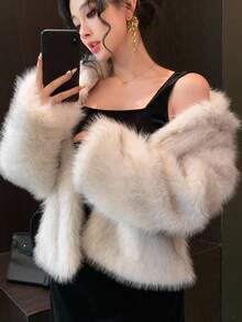 DAZY 女士宽松仿毛领长袖外套，时尚派对秋冬女式外套