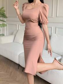 DAZY 女士纯色方领褶皱泡泡袖中长连衣裙 - 米色 - 查看 3