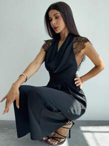 Firerie Women's Black Summer Elegant Laced Night Out Jumpsuit,Patchwork Plunging Neck Cinched Waist Wide Leg Jumpsuit, Wedding Party Date Outfit - Black - View 3
