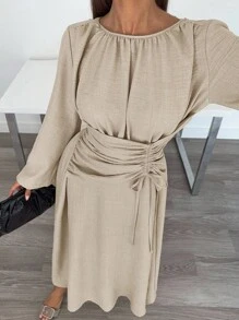 Siren Gaze Đầm suông cổ tròn tay loe buộc eo thanh lịch màu trơn dành cho nữ - Màu be - Xem 5