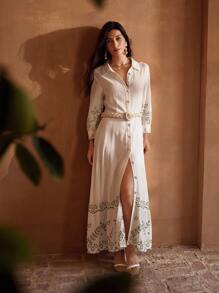 MOTF PREMIUM 夏季女士亚麻刺绣度假腰带衬衫裙