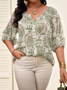 Nubod Plus Size Women's Satin Floral Print Notched Collar Blouse