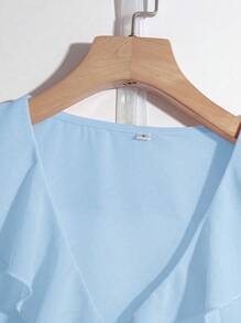 Franclia 纯色V领荷叶边泡泡袖休闲衬衫，适合大学生穿着 - 藍色 - 查看 4