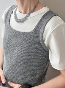 FRIFUL 女士纯色深灰色罗纹纹理修身背心式毛衣背心，适合休闲、旅行、机场穿着的多功能分层单品