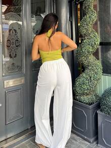 NegzBox Pantalones de pierna ancha de color verde geométrico de longitud completa para mujer, para vacaciones y estilo casual - Blanco - Ver 2