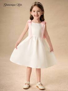 Glamorique Kids Young Girl Chiffon Tiered White Summer Traditional Wedding Dress,Elegant Sweet Flower Girl Wear With Pink Ribbons, Gatherings Little Girl - White - View 6